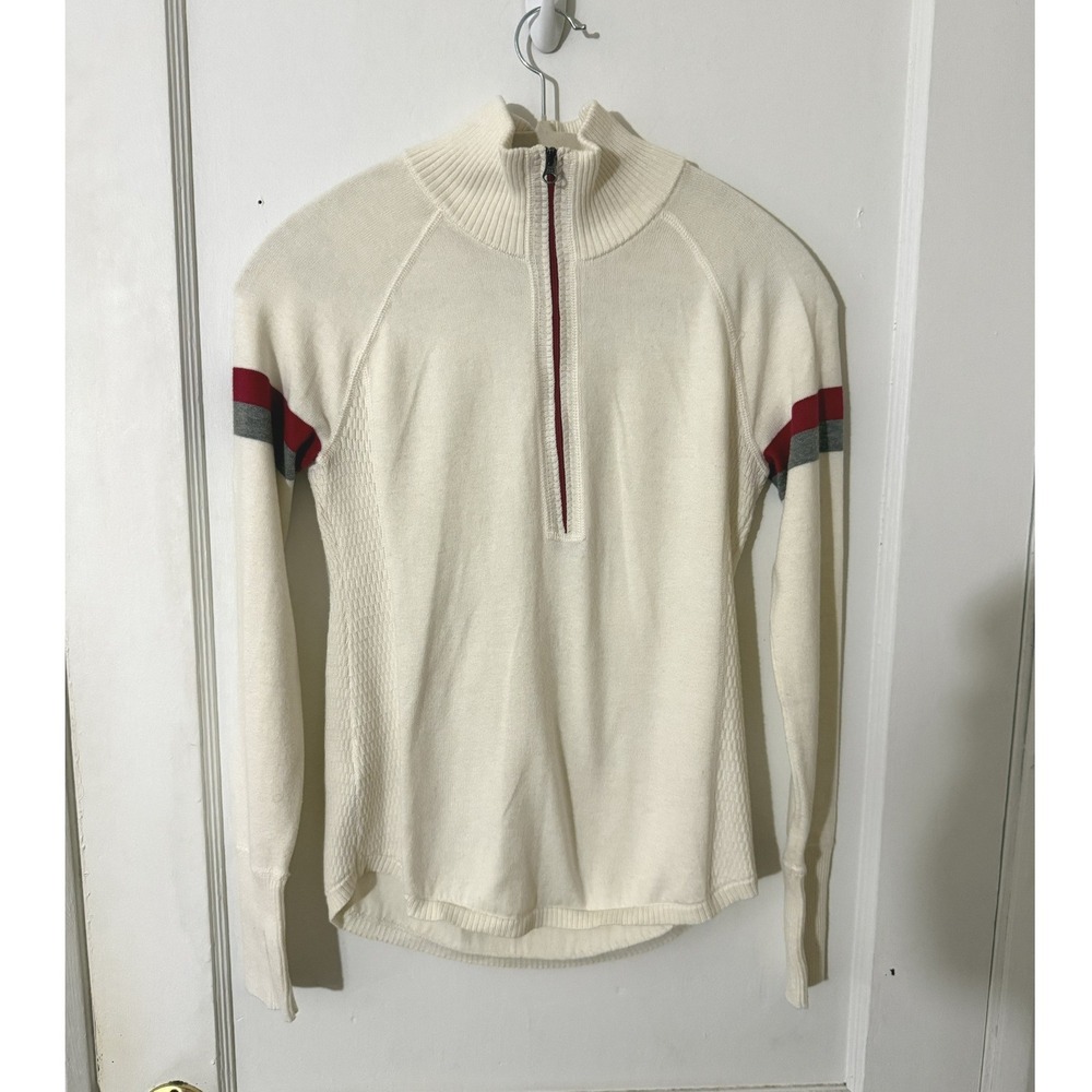 Eddie Bauer Womens XS Cream Quarter Zip Sweater Striped Sleeve Mockneck
